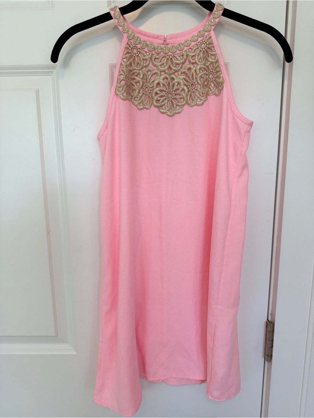 Lilly Pulitzer Pink Halter Dress with Gold Lace Yoke